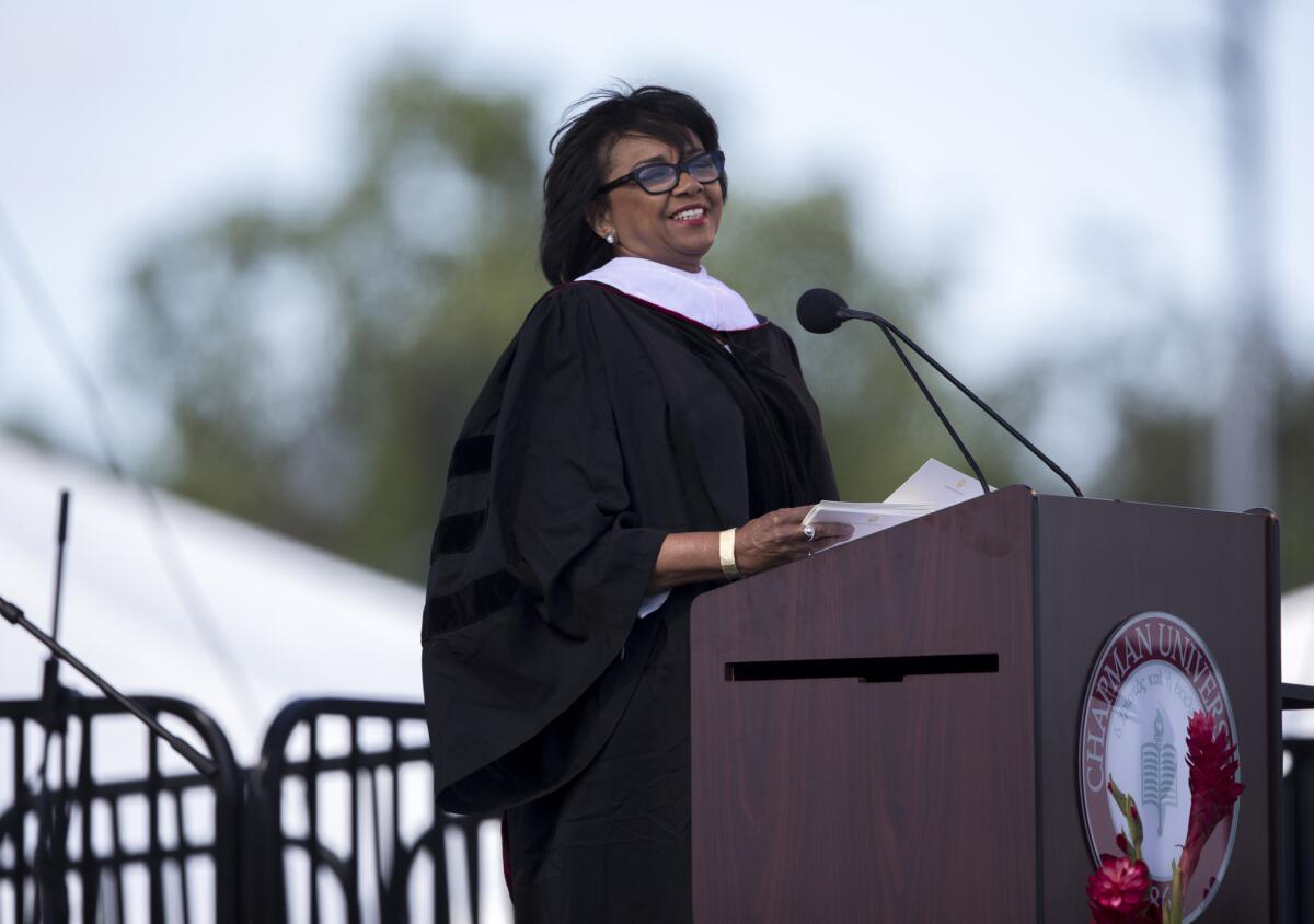 Academy President Cheryl Boone Isaacs delivered the keynote address at Chapman University's Dodge College of Film and Media Arts commencement ceremony on May 21, 2016