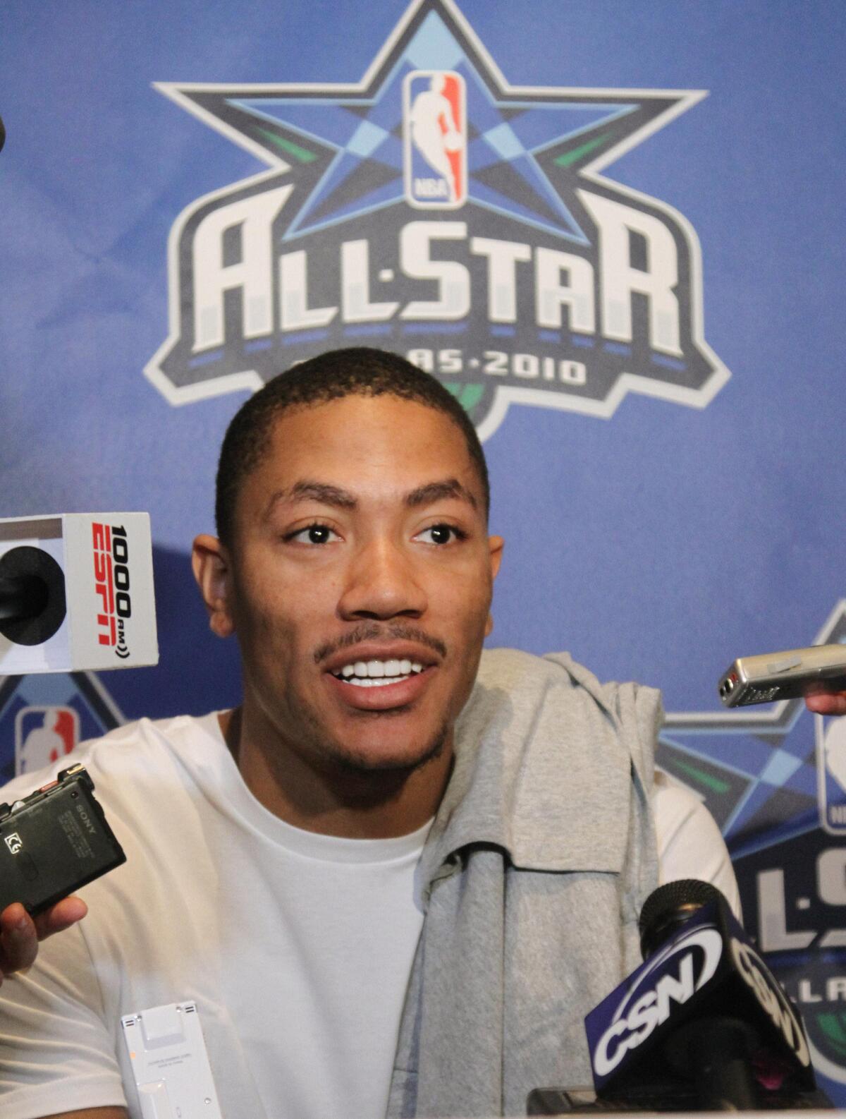 Derrick Rose answers questions during media availability for the 2010 NBA All-Star game in Dallas. (Associated Press)