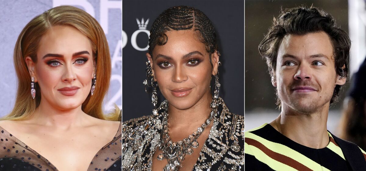 En esta combinación de fotografías, Adele, de izquierda a derecha, Beyonce y Harry Styles