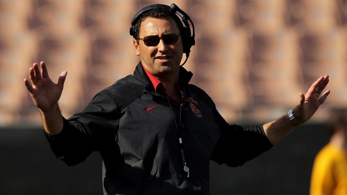 USC Coach Steve Sarkisian instructs his players during their spring game at the Coliseum on April 19, 2014.