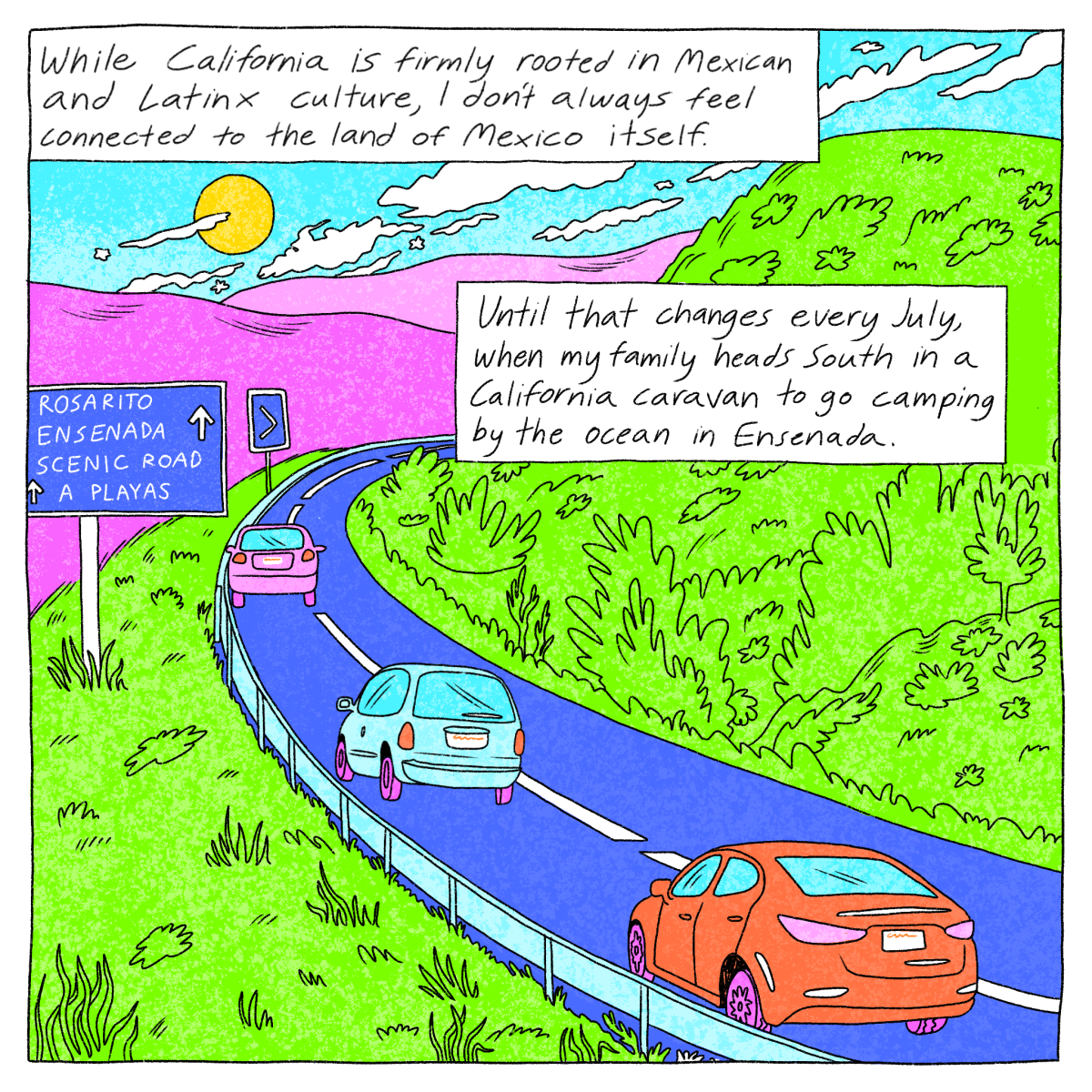 A drawing of three cars on a highway and a sign saying, "Rosarito, Ensenada"