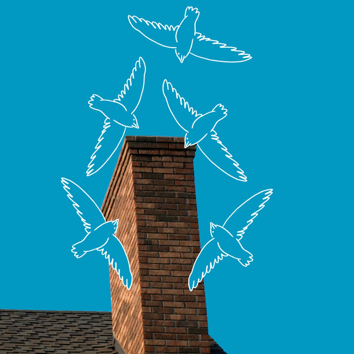 An illustration of birds circling a chimney. 
