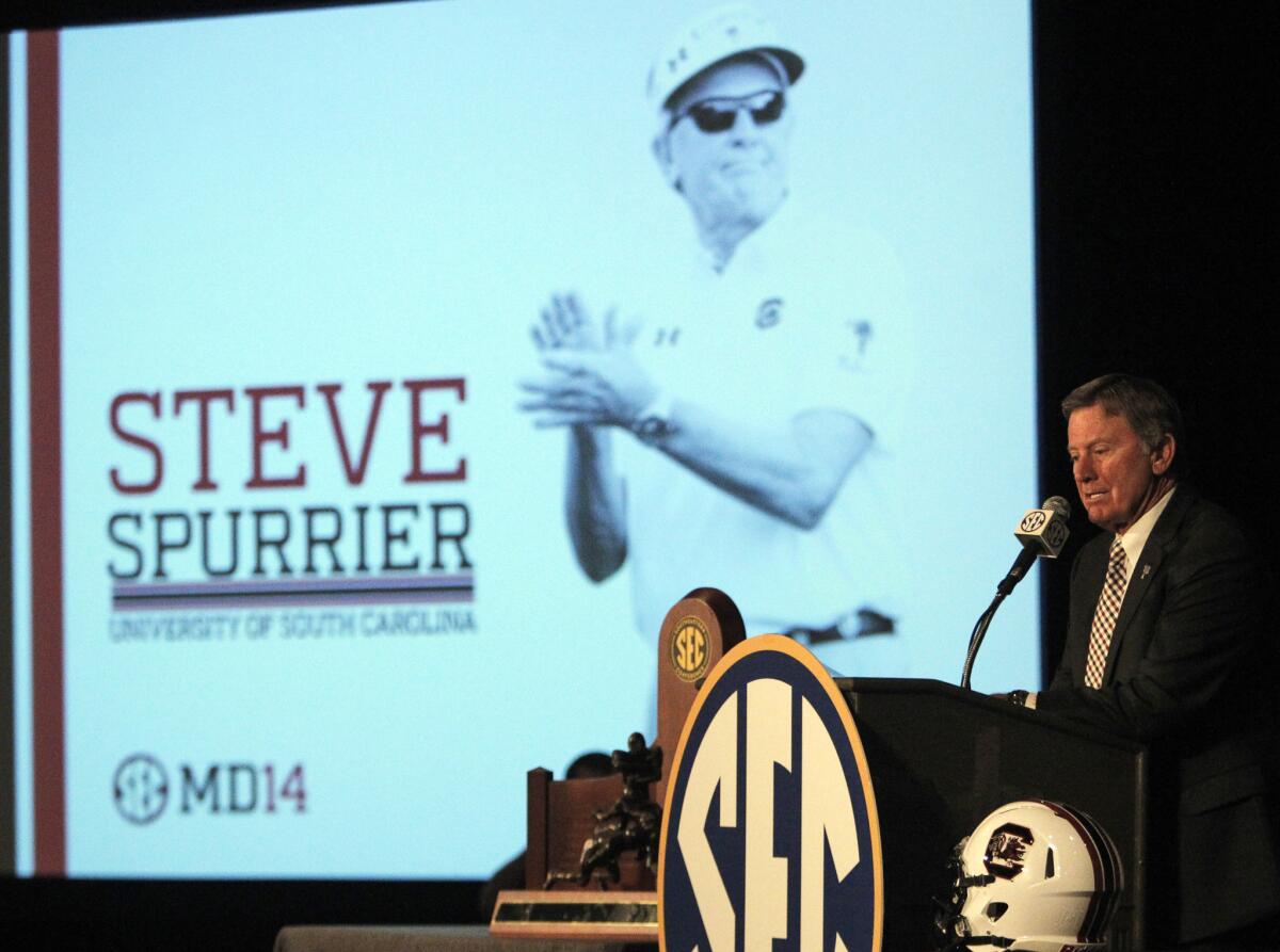 South Carolina Coach Steve Spurrier speaks Tuesday at the Southeastern Conference media days.