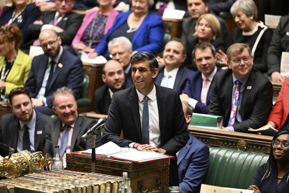 Britain's Prime Minister Rishi Sunak speaks during Prime Minister's Questions in the House of Commons.