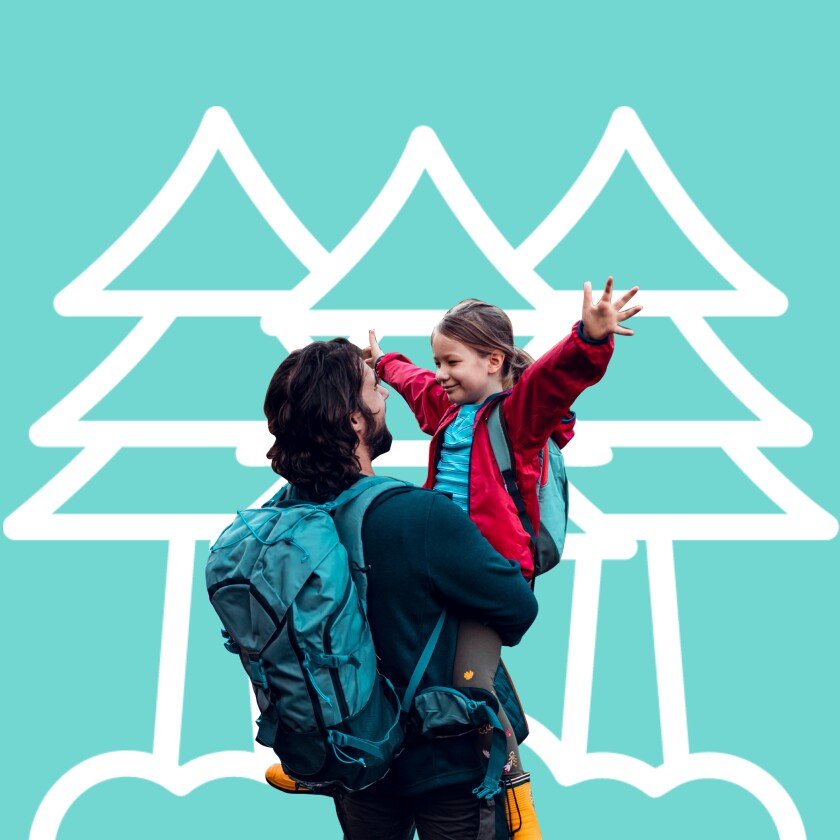 Father and child hiker in a pictogram forest setting