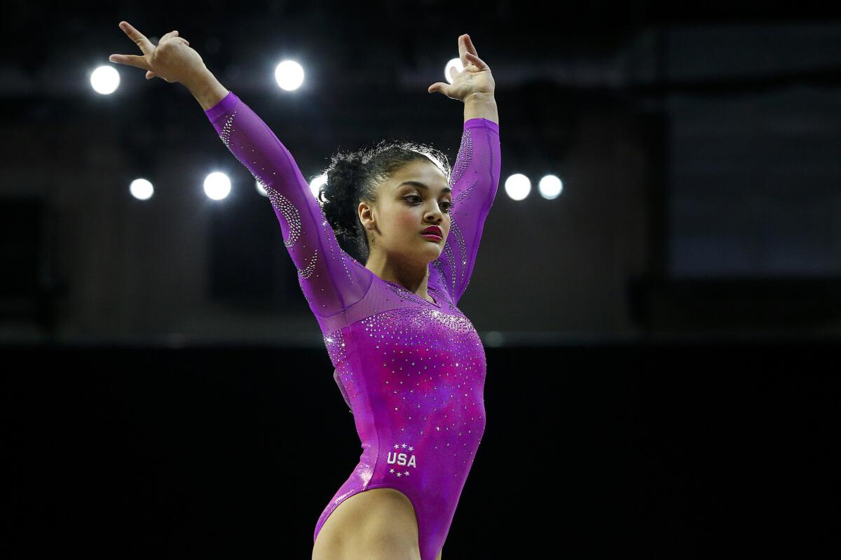 Laurie Hernandez goes through her floor routine at the Pacific Rim Gymnastics Championships at Xfinity Arena in Everett, Wash., on April 9.
