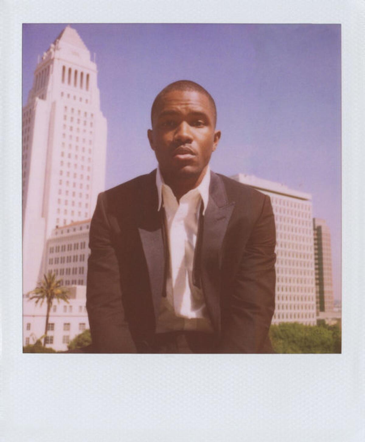 Singer and songwriter Frank Ocean was photographed at the Los Angeles Times building for the Band of Outsiders spring-summer 2013 campaign. City Hall is in the background.