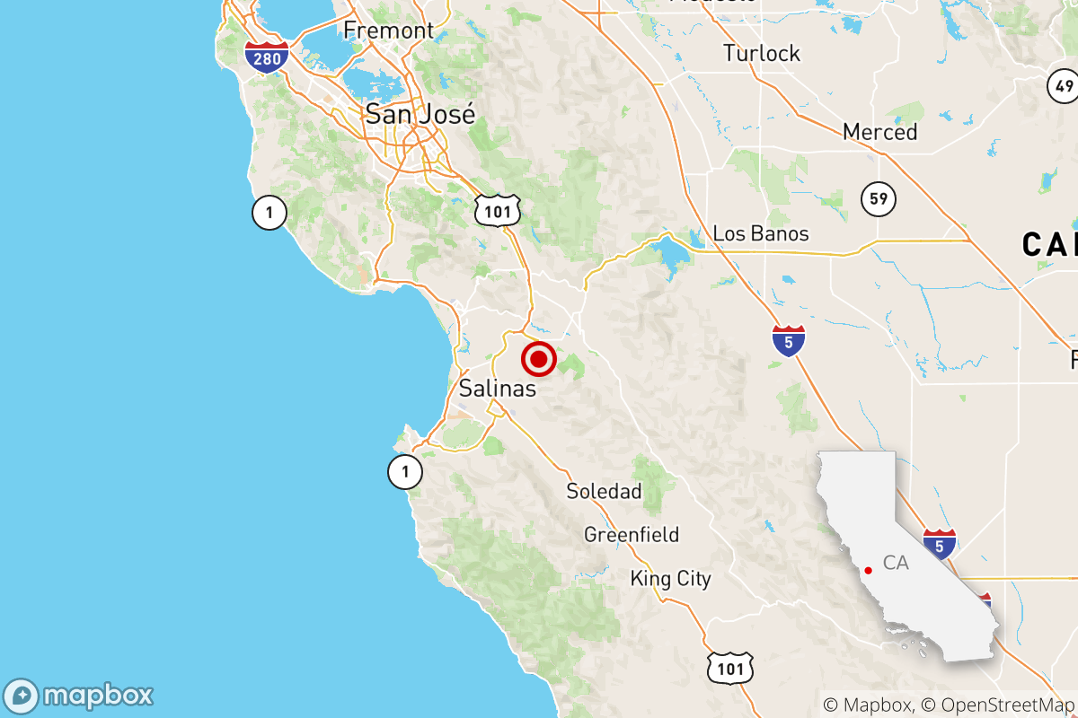 Map shows the location of an earthquake in California.