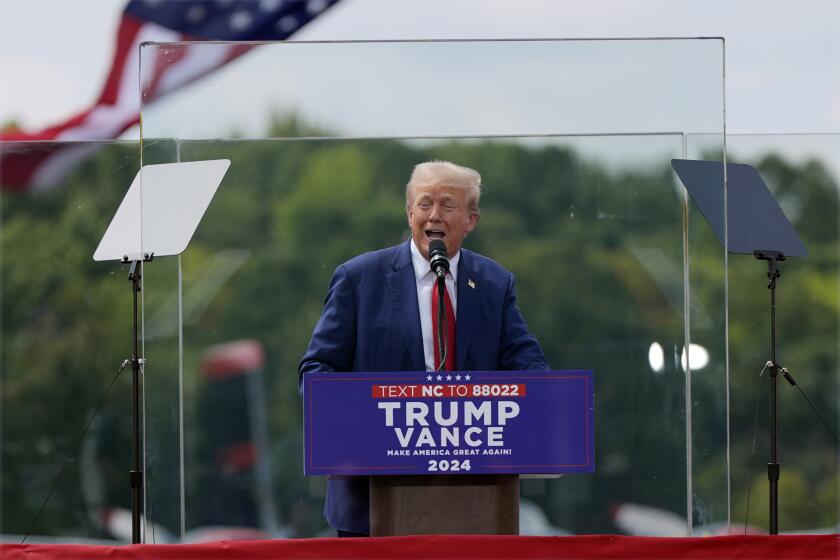 Republican presidential nominee former President Donald Trump speaks during a campaign rally at North Carolina Aviation Museum, Wednesday, Aug. 21, 2024, in Asheboro, N.C. (AP Photo/Julia Nikhinson)