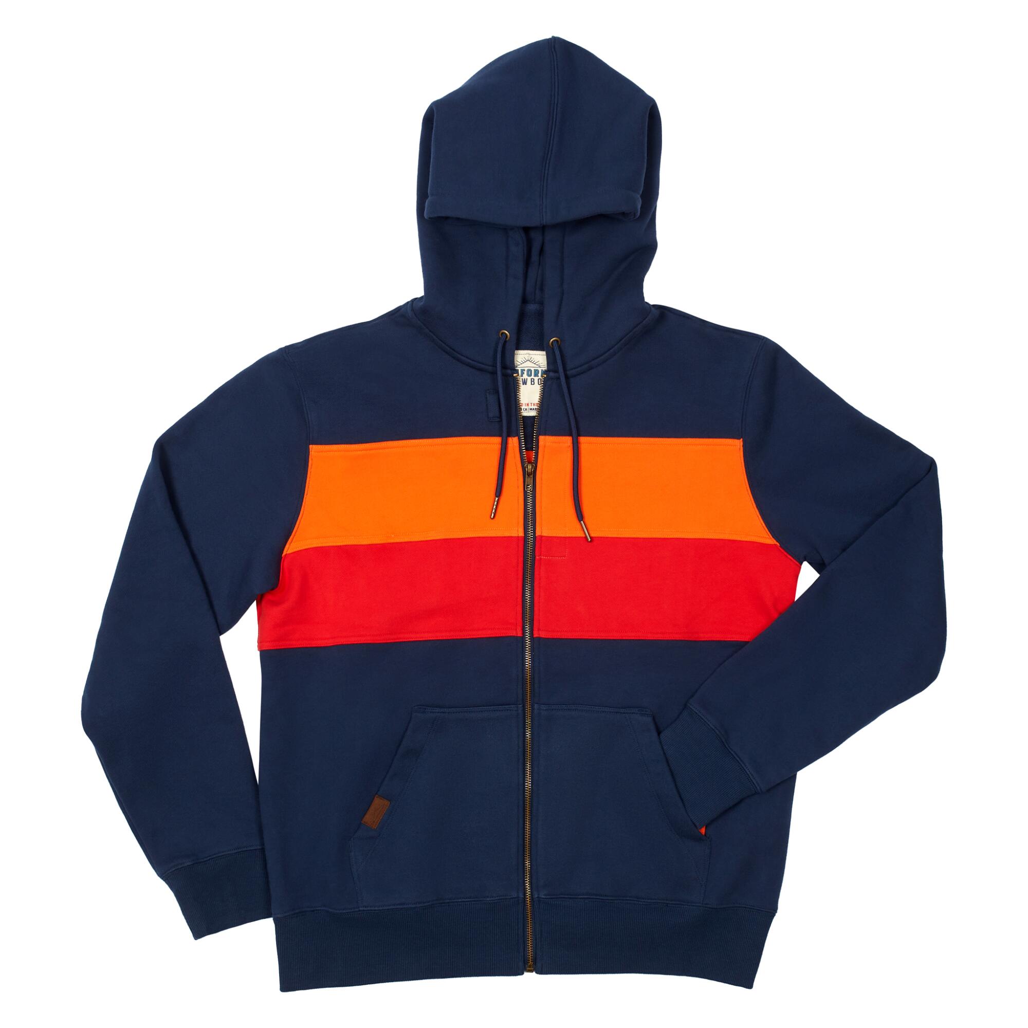 A hoodie with a red and orange stripe.