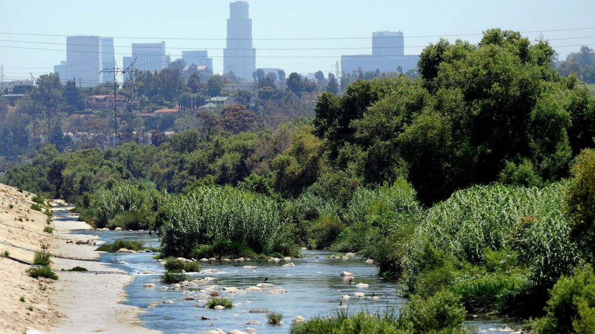 A view of the L.A. River leading into the downtown area.