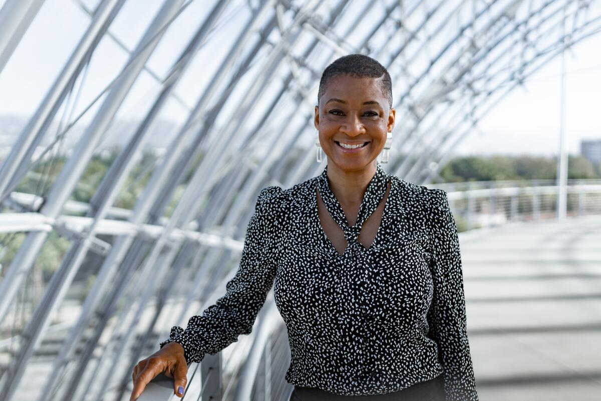 Jacqueline Stewart photographed under the glass dome of the new Academy Museum of Motion Pictures in L.A.