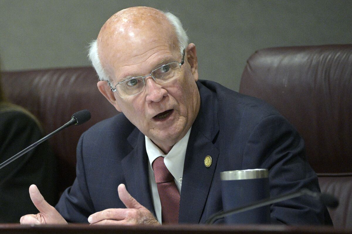 FILE - Florida Sen. Dennis Baxley makes a point during a Senate Community Affairs Committee meeting in a legislative session, Wednesday, Jan. 12, 2022, in Tallahassee, Fla. Republican-backed legislation, co-sponsored by Baxley, in Florida that could severely limit discussion of gay and lesbian issues in public schools is being widely condemned as dangerous and discriminatory, with one gay Democratic lawmaker saying it’s an attempt to silence LGBTQ students, families and history. (AP Photo/Phelan M. Ebenhack, File)
