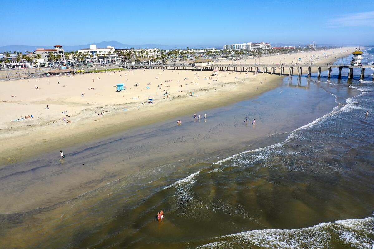 An aerial view shows the closed Huntington Beach pier, in Orange County, on April 22.