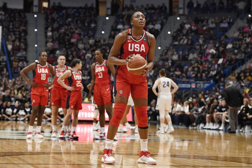 United States' Nneka Ogwumikein the second half of an exhibition basketball game, Monday, Jan. 27, 2020, in Hartford, Conn. (AP Photo/Jessica Hill)