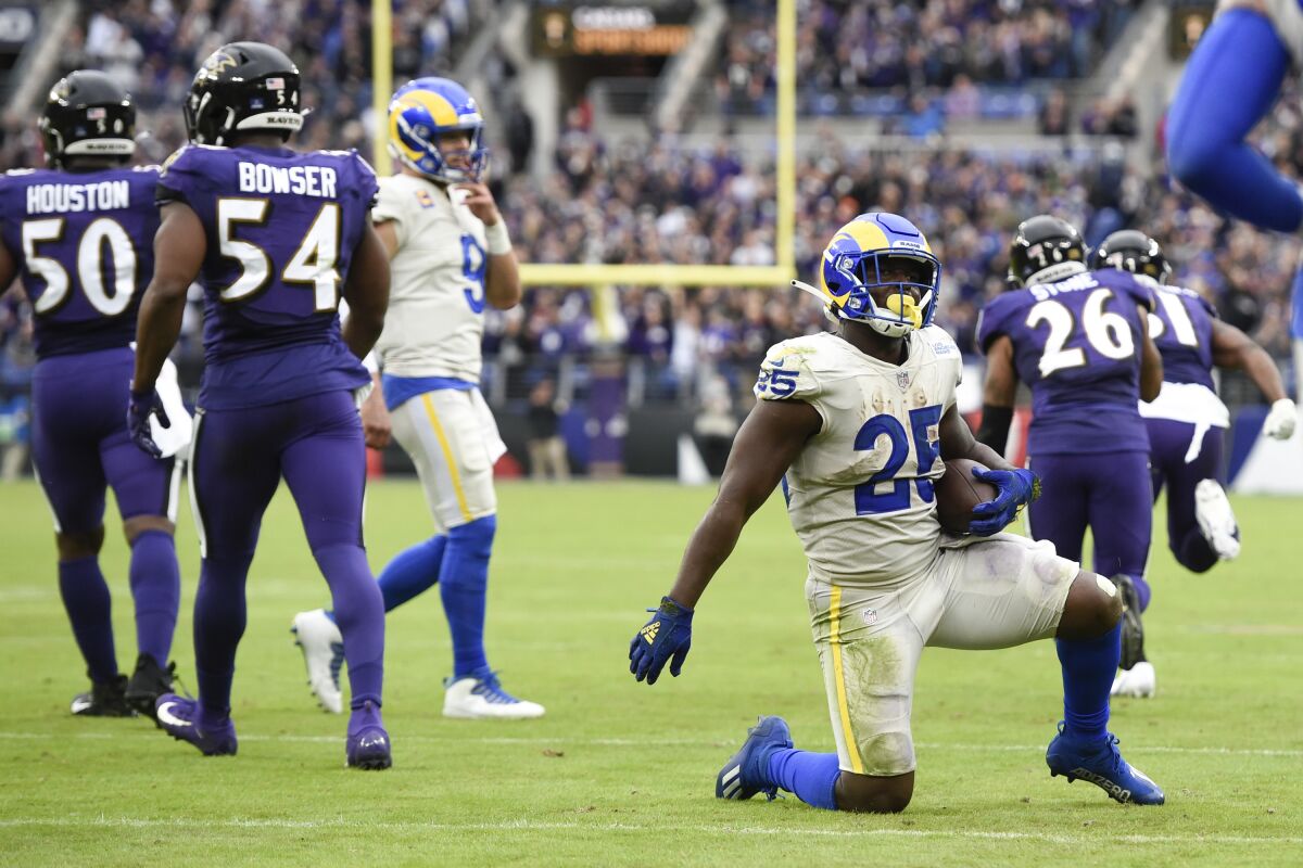 Rams running back Sony Michel gets up after he failed to score on a two point conversion play.