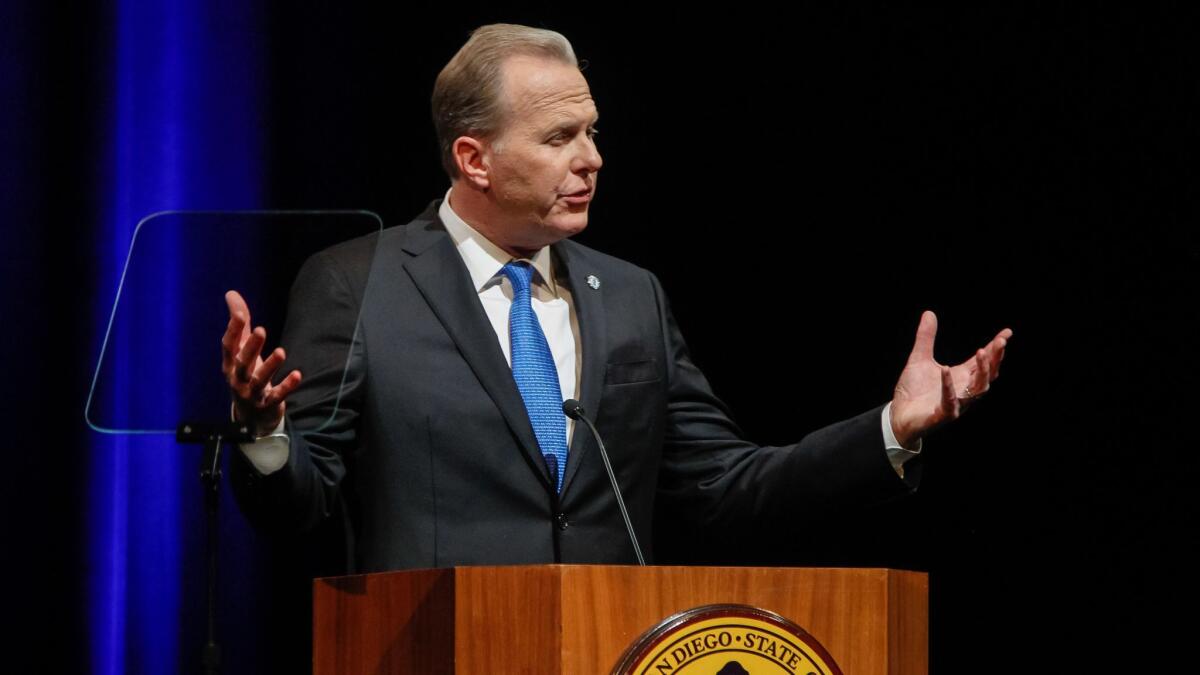 San Diego Mayor Kevin Faulconer delivers his State of the City speech on Tuesday night at the Balboa Theatre in San Diego, California.