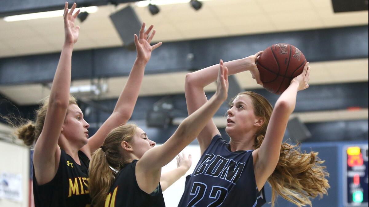 Corona del Mar High's Tatiana Bruening pulls back for a jumper against two Mission Viejo defenders in the CdM Tip-Off Tournament on Nov. 28, 2017.