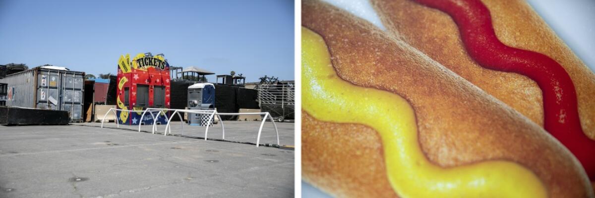 Left: A ticket booth sits unused in a fairground parking lot. Right: Corndogs are featured in a picture on the side of a vendor that sells fair food on the weekend as the Del Mar Fairgrounds lies empty during the coronavirus pandemic on May 27, 2020. Fairgrounds officials are asking people to support a request for $20 million in federal aid to help them weather the financial blow they’ve taken during the pandemic.