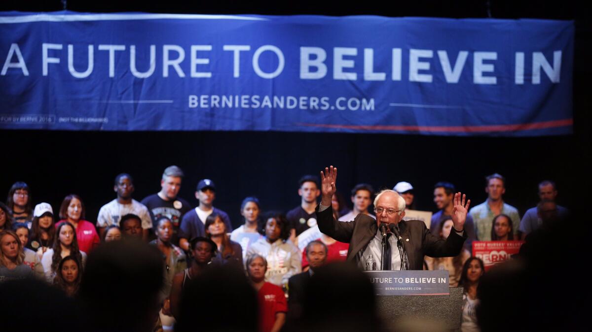 Democratic presidential Sen. Bernie Sanders speaks at a March 23 rally at the Wiltern Theatre.