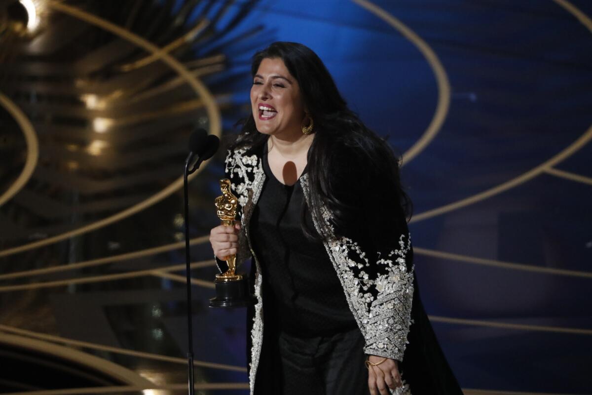 Sharmeen Obaid-Chinoy with her Oscar for Best Short Documentary for "A Girl in the River" during the telecast of the 88th Academy Awards.