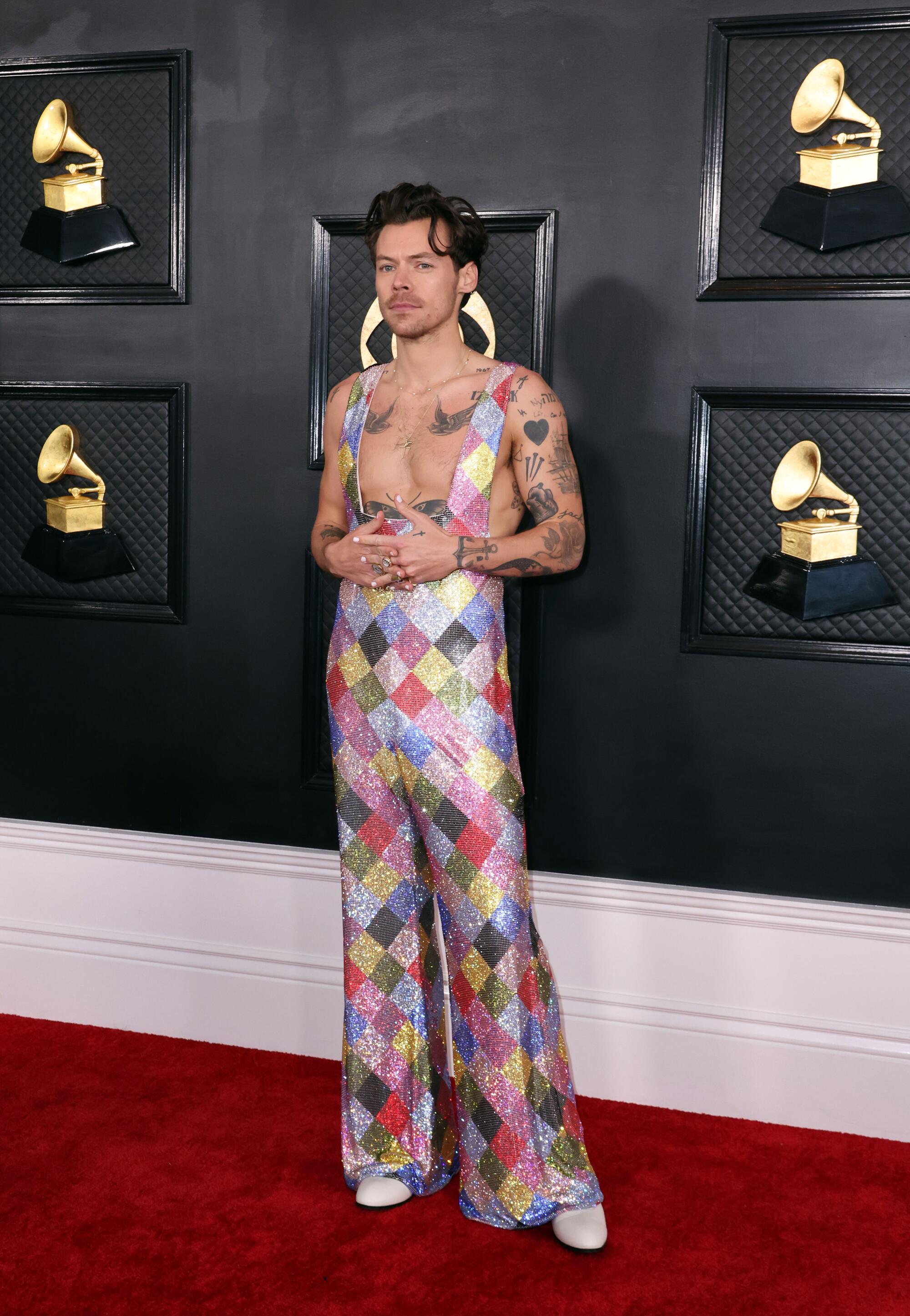 Harry Styles arrives at the 65th Grammy Awards.