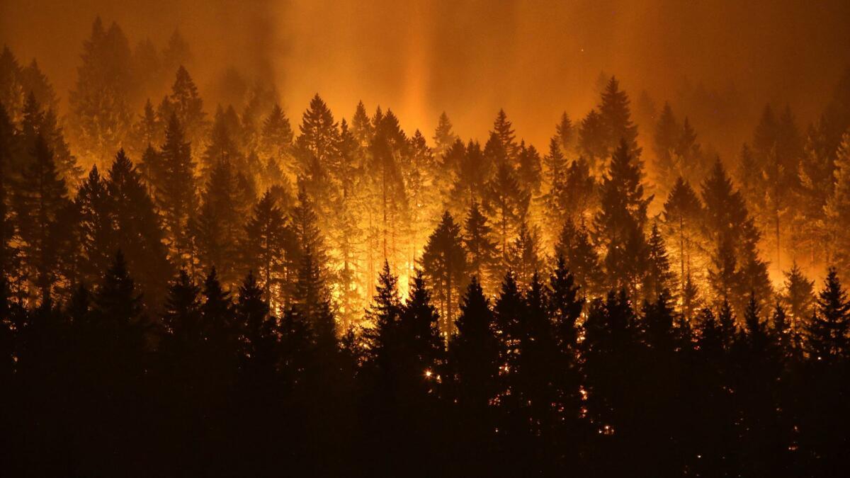 A wildfire continues to burn on the Oregon side of the Columbia River Gorge near Cascade Locks, Ore., and the Bridge of the Gods.