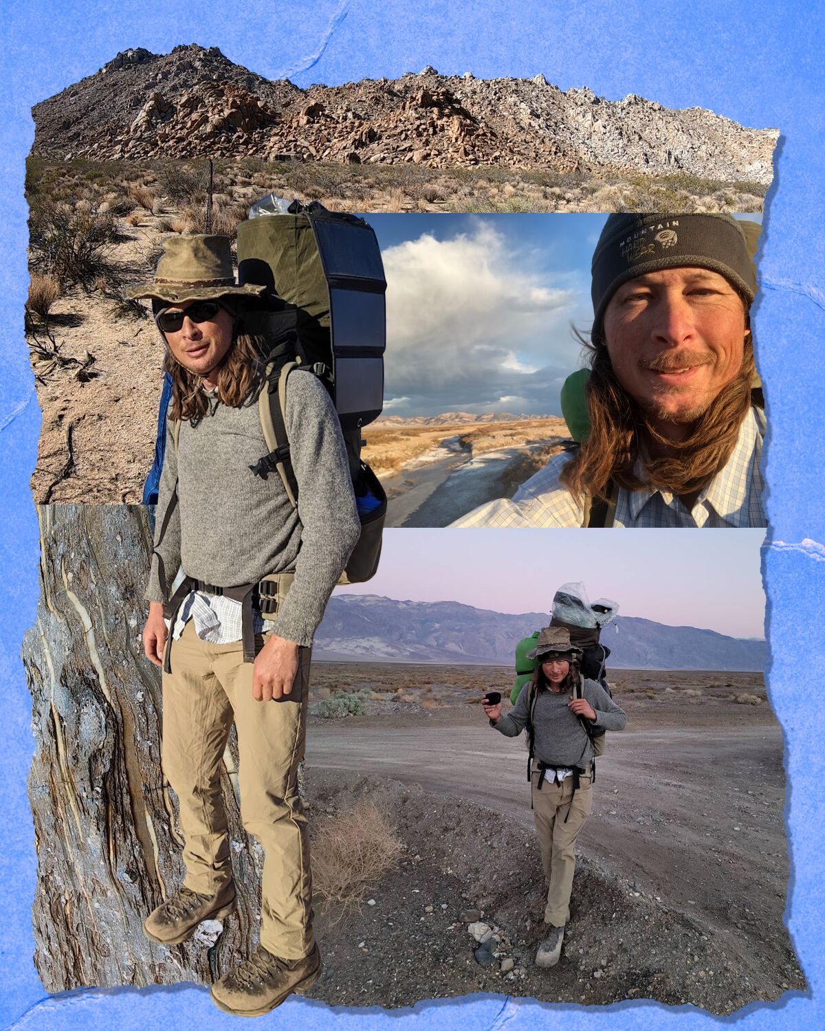Three photos of a hiker with a heavy backpack.