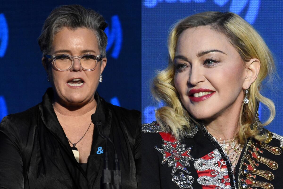 Split: Left, Rosie O'Donnell speaks while wearing a black suit; right, Madonna wears a sparkling black and red jacket 