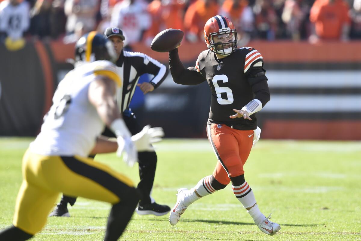 Cleveland Browns quarterback Baker Mayfield passes against the Pittsburgh Steelers on Sunday.