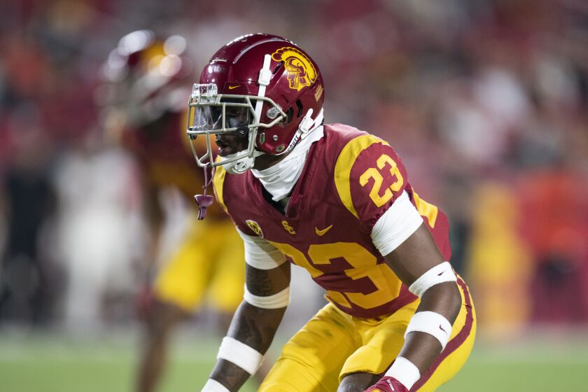 Southern California cornerback Joshua Jackson Jr. (23) plays against Oregon State during an NCAA football game on Saturday, Sept. 25, 2021, in Los Angeles. (AP Photo/Kyusung Gong)