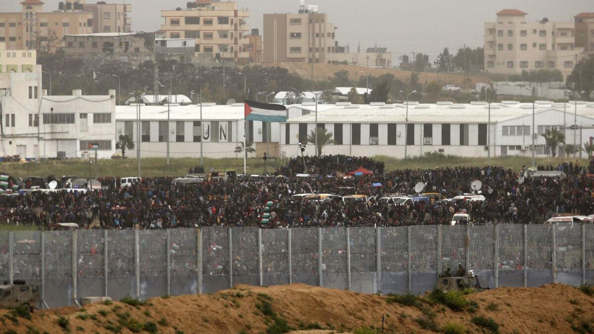 Palestinians demonstrate near the Israeli border March 30, the first anniversary of border protests in the Gaza Strip.