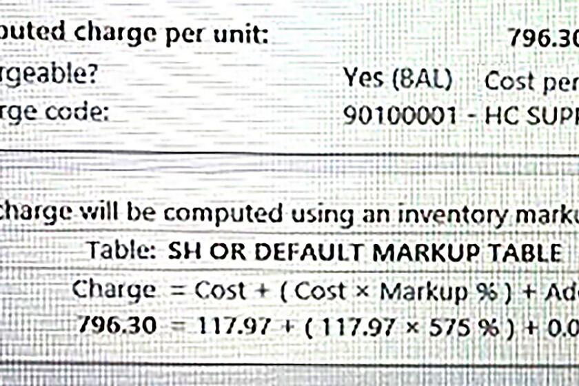 EPIC system screenshot at Scripps indicating a 575% markup to $796.30 for a $117.97 medical item used during surgery.