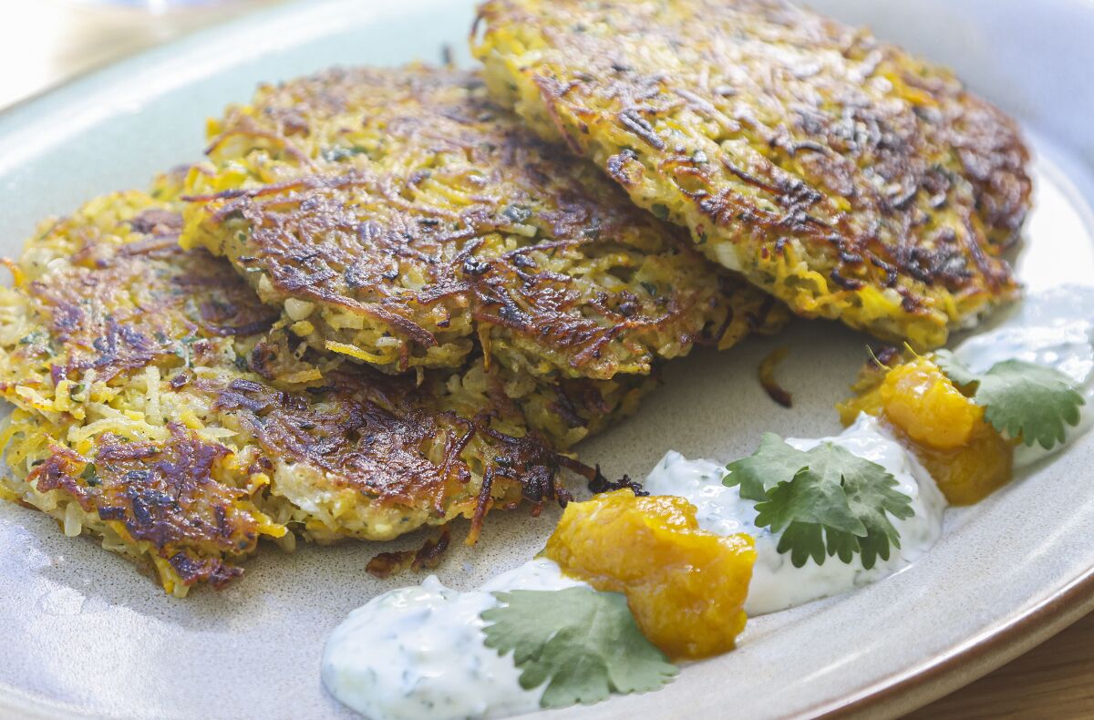 Squash latkes by chef Jeff Armstrong at Gold Finch Modern Delicatessen.