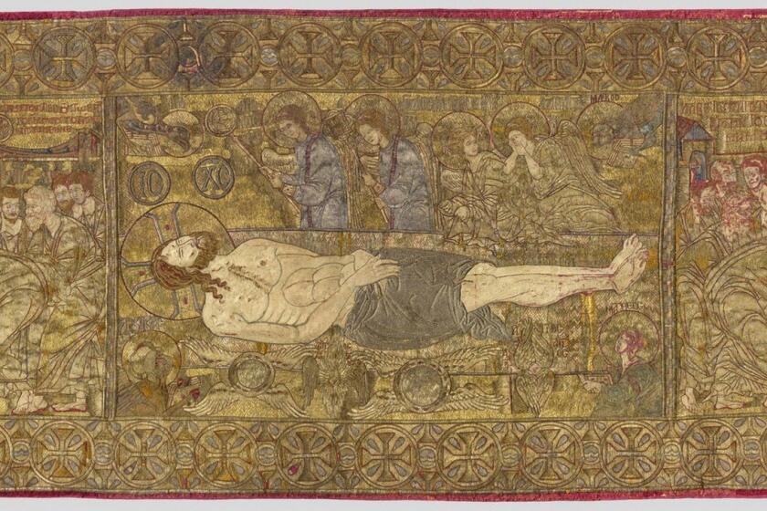 A silk and linen embroidered tapestry circa 1300 depicts Christ on a slab with Communion symbols of the body and blood surrounding the main image.
