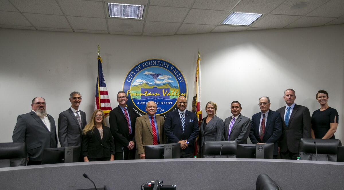 Fountain Valley City Council candidates from the last election cycle pose after a forum in September 2022.