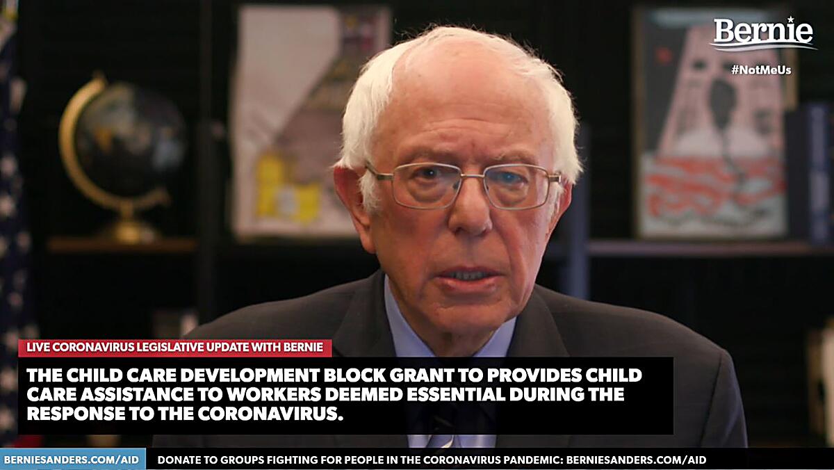 In this image taken from a berniesanders.com webcast, Bernie Sanders talks about the coronavirus stimulus bill on March 25.