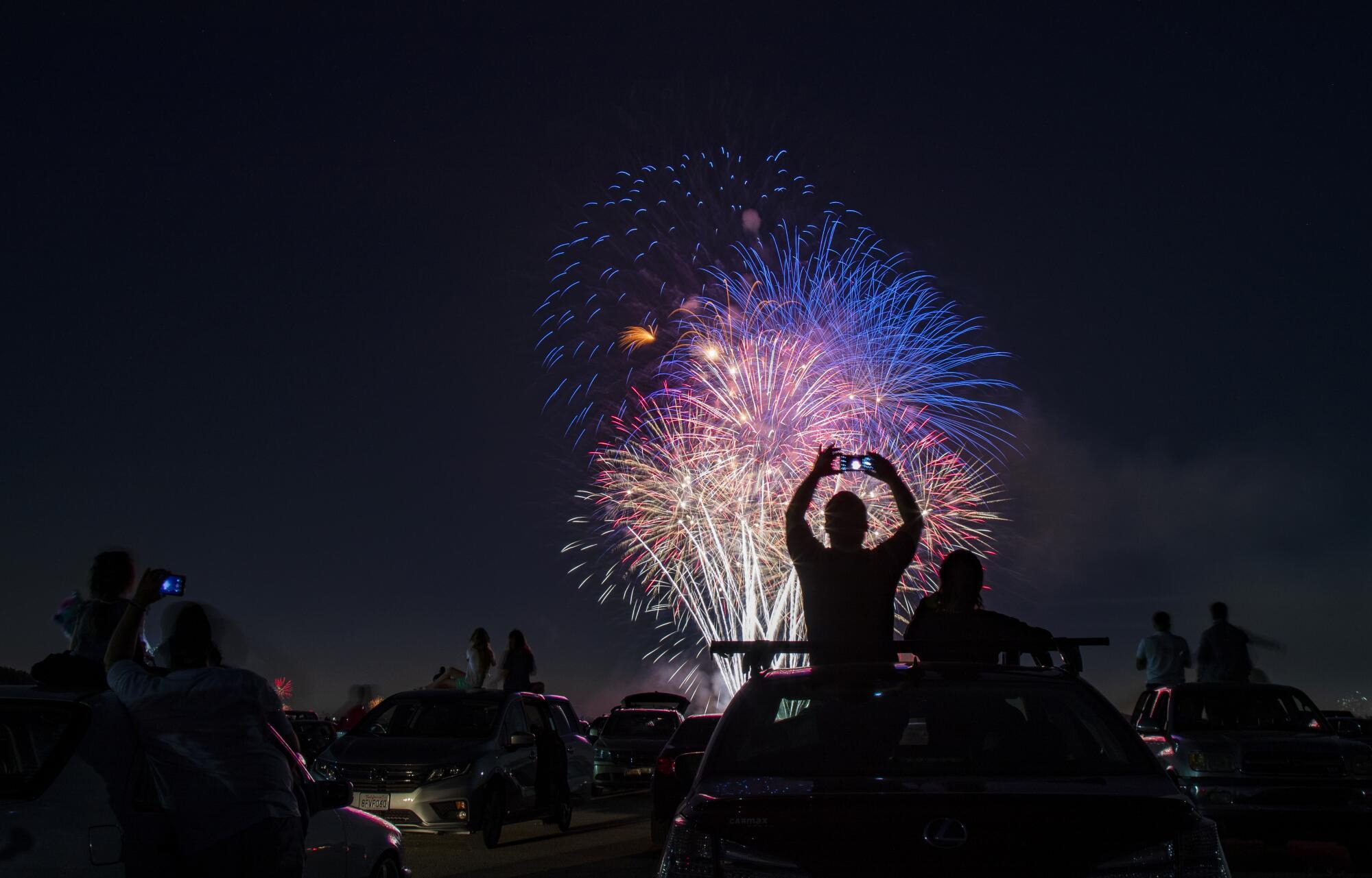 Fireworks during the Drive-Up 4th of July Spectacular at the Los Alamitos Joint Forces Training Base.