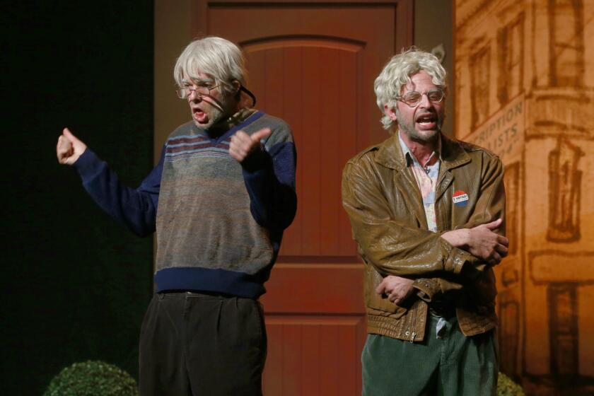 John Mulaney, left, and Nick Kroll performing "Oh, Hello" at the Montalban theater.
