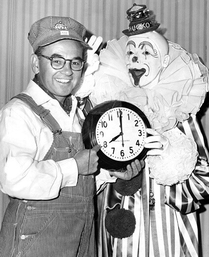 William "Engineer Bill" Stulla, left, is seen with Chucko the Clown. Stulla hosted "Cartoon Express," a popular Los Angeles-area children's television show that ran from 1954 to 1966.