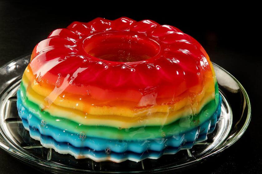 LOS ANGELES, CA., MARCH 22, 2018--Jello molds are a brightly colored dessert made of sweetened refrigerated gelatin. It is often layered and displayed before serving to show off its smooth, sculpted shape. The gelatin will take the shape of any mold you decide to use. 1.) Rainbow Jello Mold. (Kirk McKoy / Los Angeles Times)