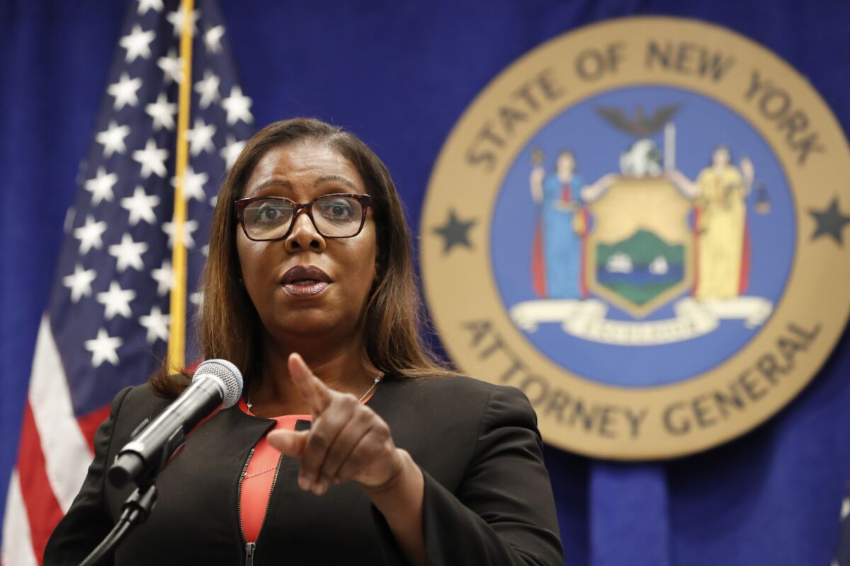 New York Atty. Gen. Letitia James takes a question after announcing that the state is suing NRA.