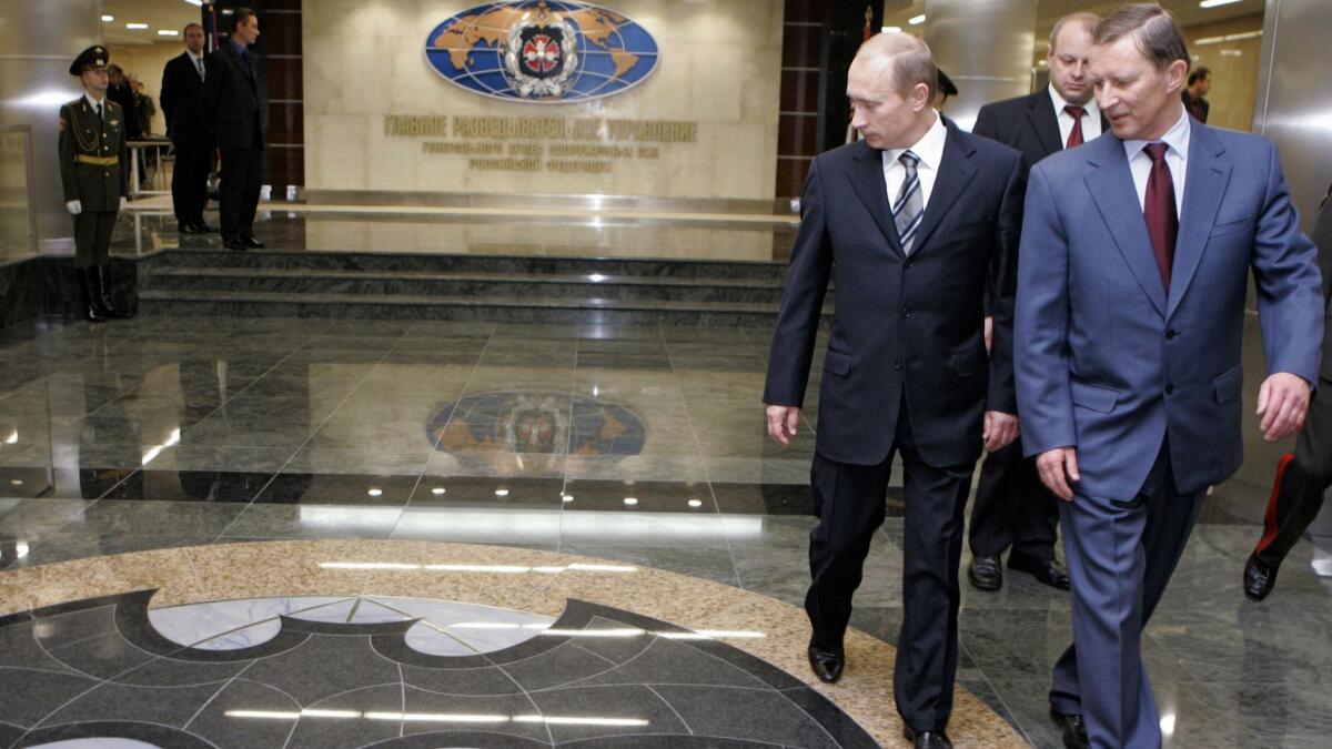 Russian President Vladimir Putin visits the Defense Ministry's Main Intelligence Directorate known as the GRU in Moscow in 2006.