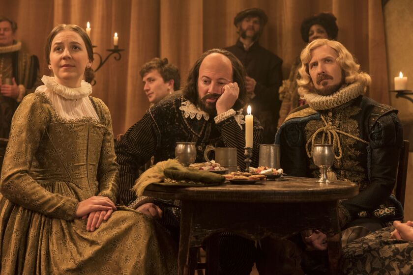 Gemma Whelan as Kate, David Mitchell as William Shakespeare and Tim Downie as Christopher Marlowe in the Ben Elton sitcom “Upstart Crow.”