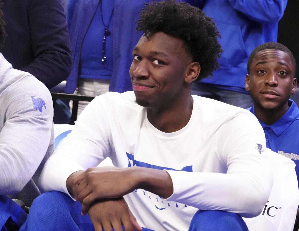 Memphis' James Wiseman smiles before a game against Alcorn Statein November 2019.