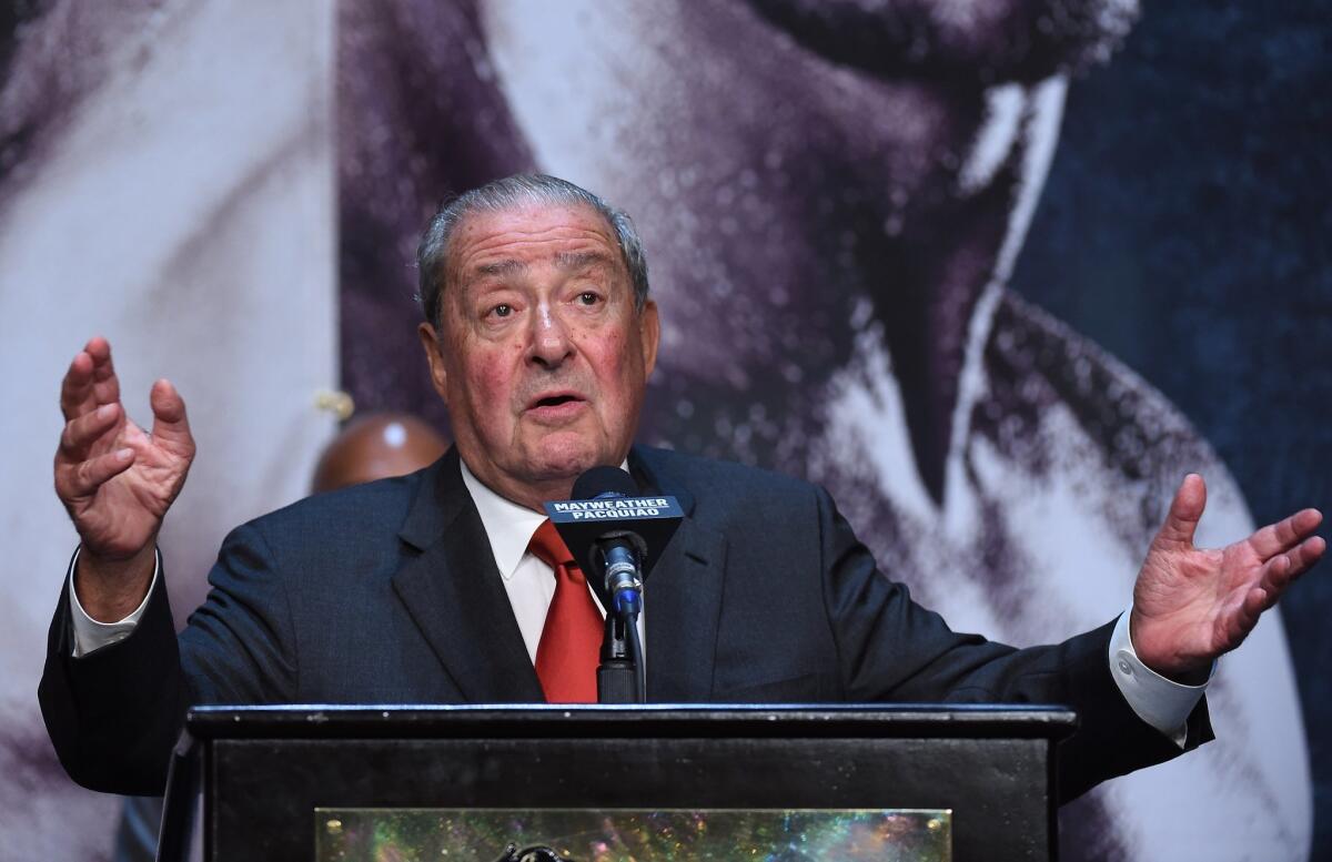 Top Rank founder and Chief Executive Bob Arum speaks during a news conference in Las Vegas on April 29.