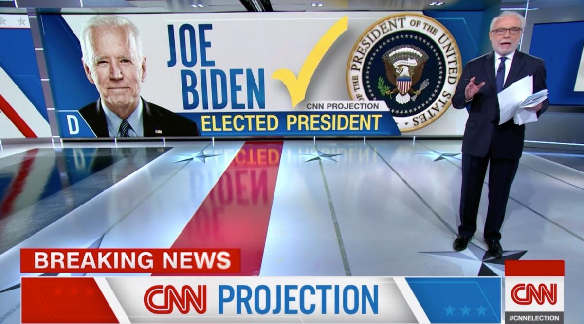 CNN anchor Wolf Blitzer calls the 2020 presidential election for Joe Biden.