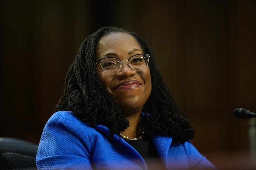WASHINGTON, DC - MARCH 23: Supreme Court nominee Judge Ketanji Brown Jackson, photographed during her Senate Judiciary Committee confirmation hearing on Capitol Hill on Wednesday, Mar. 23, 2022 in Washington, DC. Judge Jackson was picked by President Biden to be the first Black woman in United States history to serve on the nation's highest court to succeed Supreme Court Associate Justice Stephen Breyer who is retiring. (Kent Nishimura / Los Angeles Times)
