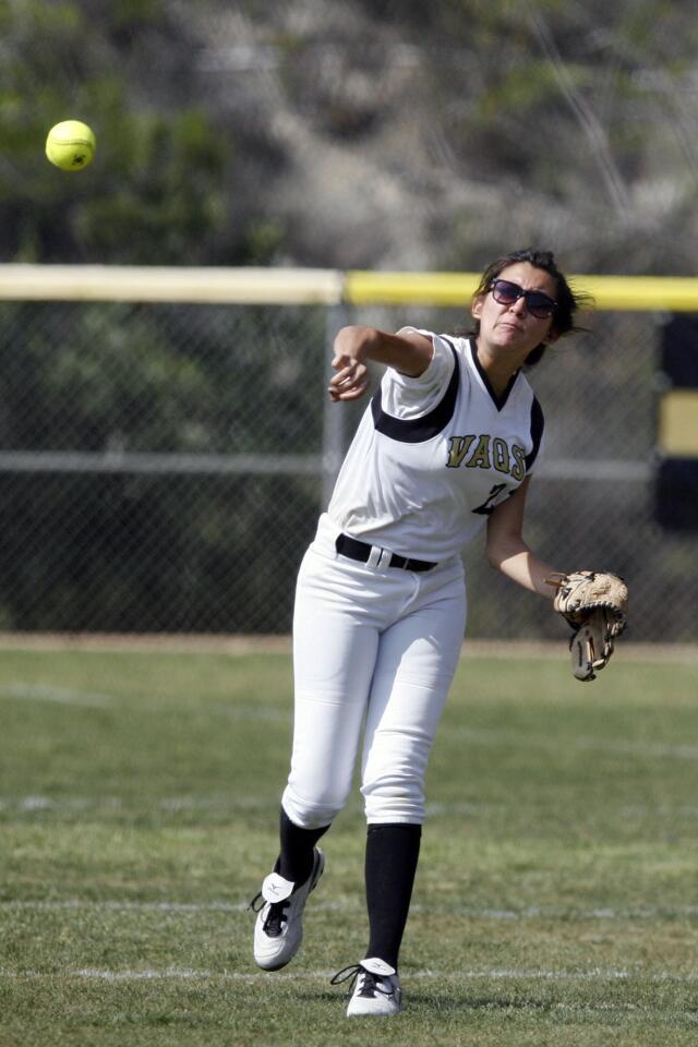 GCC's Brenda Soto throws the ball during a game against LA Mission College at Glendale Sports Complex on Tuesday, April 2, 2013.