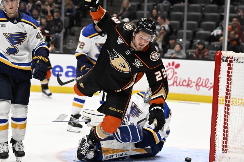 Anaheim Ducks center Mason McTavish (23) celebrates after scoring against St. Louis Blues.